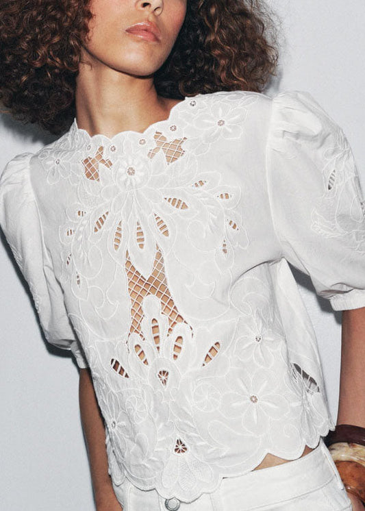 Puff French Top Out White Cotton Embroidered Sleeve Hollow FashionChic