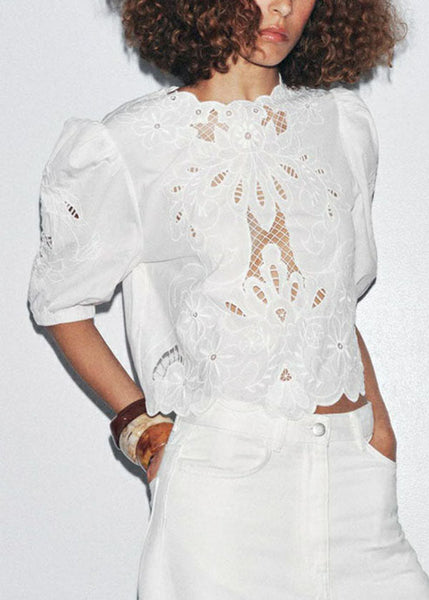 Puff French Top Out White Cotton Embroidered Sleeve Hollow FashionChic