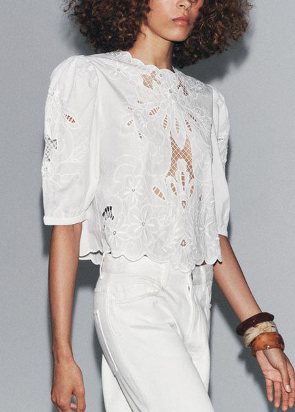 Puff French Top Out White Cotton Embroidered Sleeve Hollow FashionChic