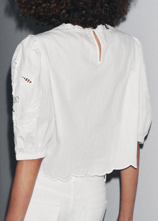 Puff French Top Out White Cotton Embroidered Sleeve Hollow FashionChic