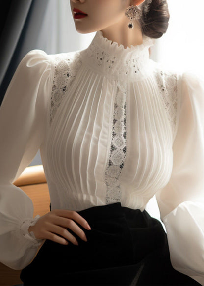Lace Patchwork White Cotton French Puff Sleeve Wrinkled Top FashionChic