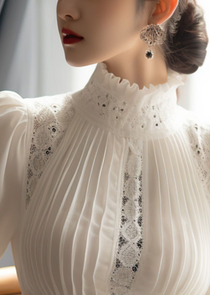 Lace Patchwork White Cotton French Puff Sleeve Wrinkled Top FashionChic