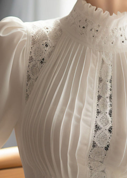 Lace Patchwork White Cotton French Puff Sleeve Wrinkled Top FashionChic