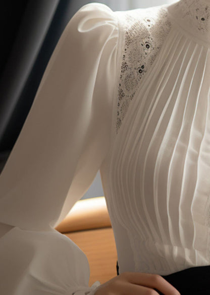 Lace Patchwork White Cotton French Puff Sleeve Wrinkled Top FashionChic