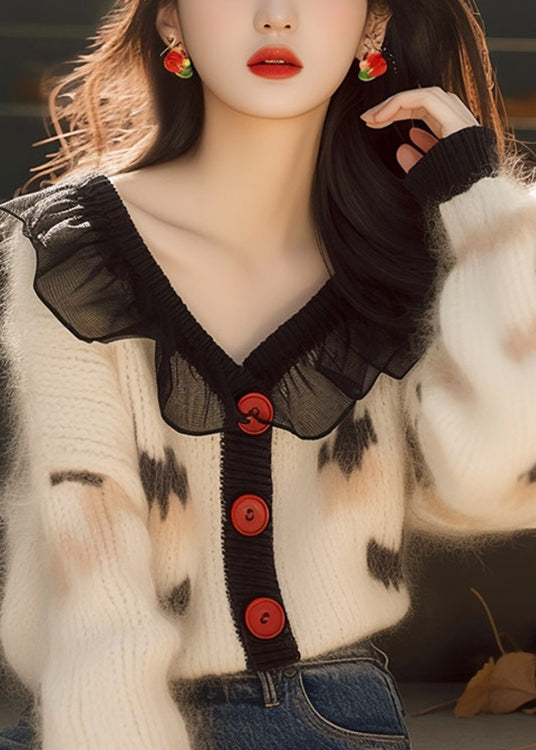French White Ruffled Print Button Knit Cardigans Spring TN031 ABC