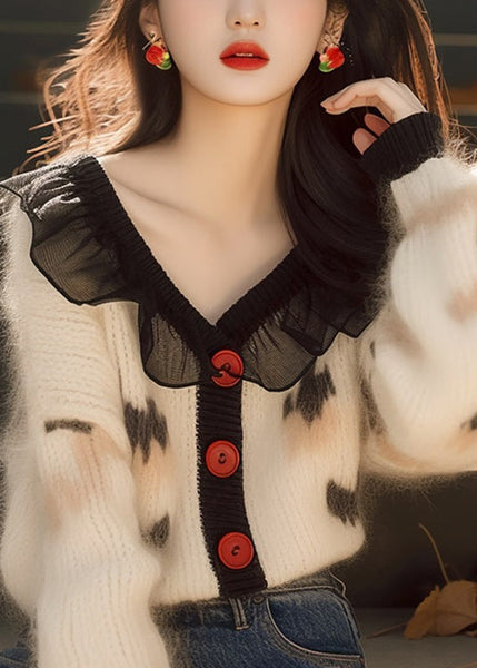 French White Ruffled Print Button Knit Cardigans Spring TN031 ABC