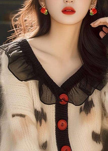 French White Ruffled Print Button Knit Cardigans Spring TN031 ABC