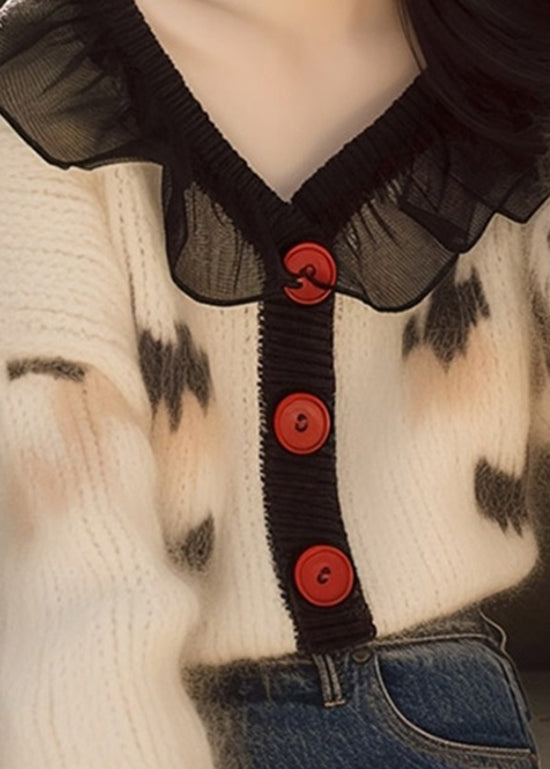 French White Ruffled Print Button Knit Cardigans Spring TN031 ABC