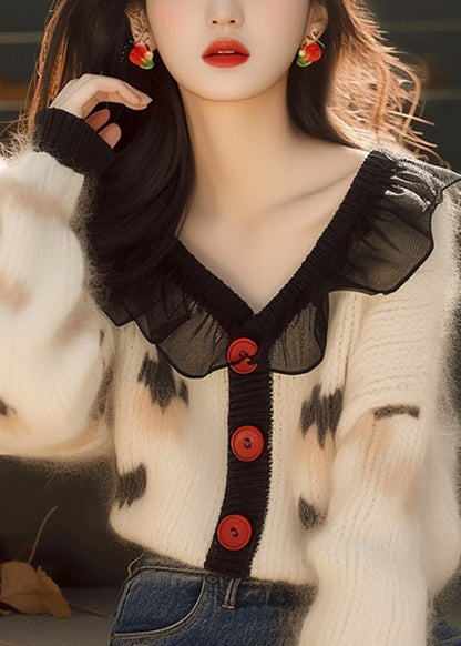 French White Ruffled Print Button Knit Cardigans Spring TN031 ABC
