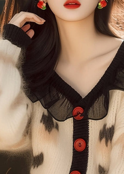 French White Ruffled Print Button Knit Cardigans Spring TN031 ABC