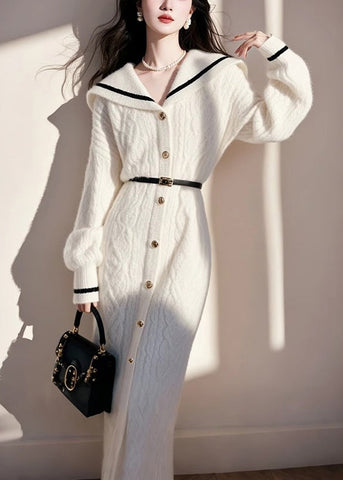 Knit French White Fall Collar Sailor Sweater Button Dress FashionChic