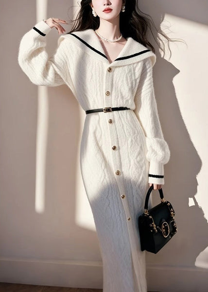 Knit French White Fall Collar Sailor Sweater Button Dress FashionChic
