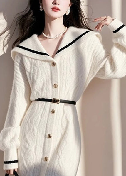 Knit French White Fall Collar Sailor Sweater Button Dress FashionChic