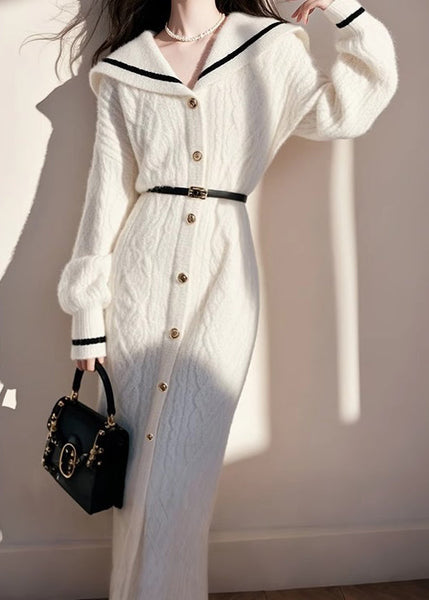 Knit French White Fall Collar Sailor Sweater Button Dress FashionChic