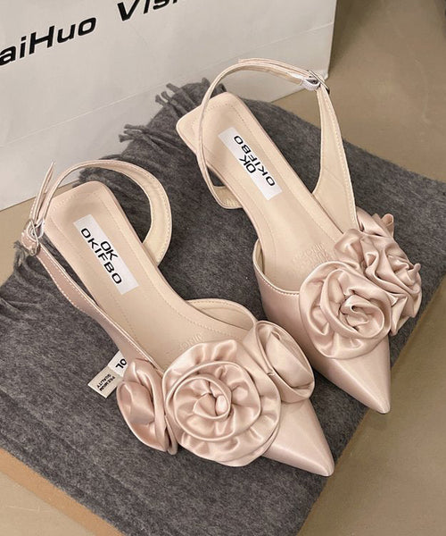 Splicing Toe White French Pointed Satin Floral Sandals FashionChic