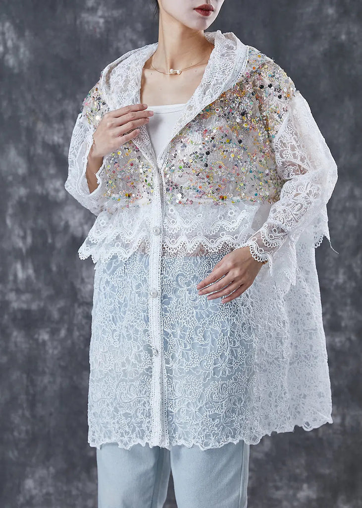 French White Sequins Hollow Out Lace Jackets Spring Ada Fashion
