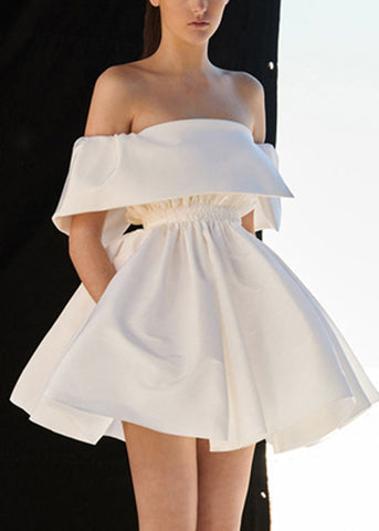 French White Solid Slash Neck Cotton Mid Dress Summer EE1051 SH-LF-SDM240517