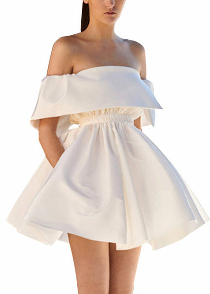 French White Solid Slash Neck Cotton Mid Dress Summer EE1051 SH-LF-SDM240517