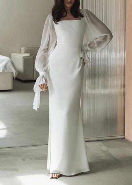 French White Square Collar Tulle Patchwork Cotton Dress Fall QL022 OM-ZS241023