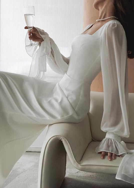 French White Square Collar Tulle Patchwork Cotton Dress Fall QL022 OM-ZS241023