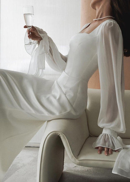 French White Square Collar Tulle Patchwork Cotton Dress Fall QL022 OM-ZS241023