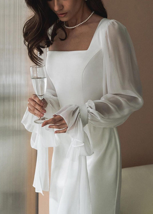 French White Square Collar Tulle Patchwork Cotton Dress Fall QL022 OM-ZS241023