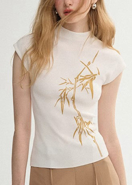 Collar Print Summer Tank Tops White French Cotton Stand FashionChic