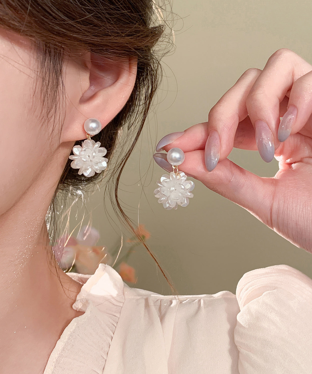 Pearl French Earrings Sterling White Resin Silver Hydrangea Stud FashionChic