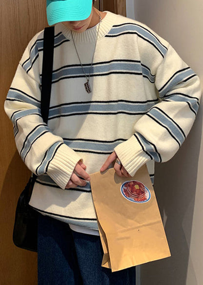 French White Striped Cozy Knit Men Sweaters Winter QF039 MENSW241016