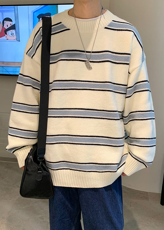 French White Striped Cozy Knit Men Sweaters Winter QF039 MENSW241016