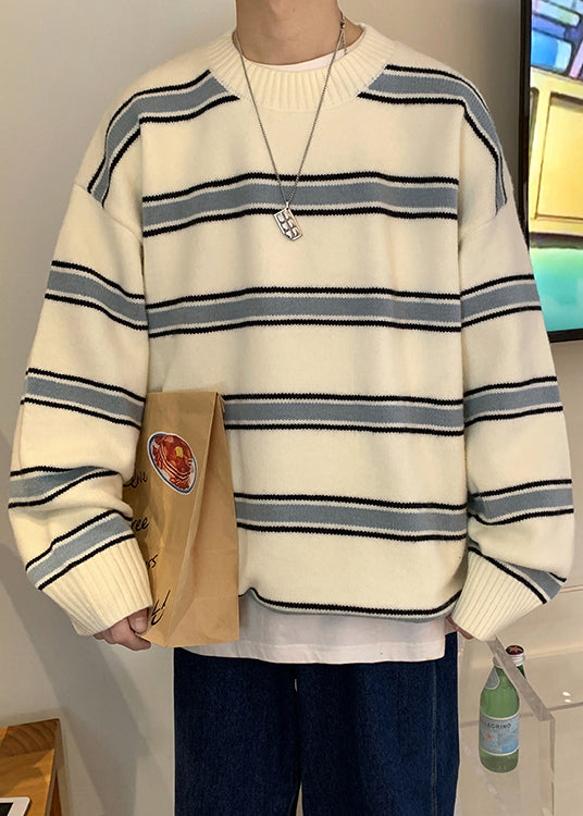 French White Striped Cozy Knit Men Sweaters Winter QF039 MENSW241016