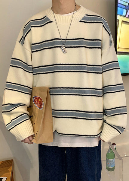 French White Striped Cozy Knit Men Sweaters Winter QF039 MENSW241016