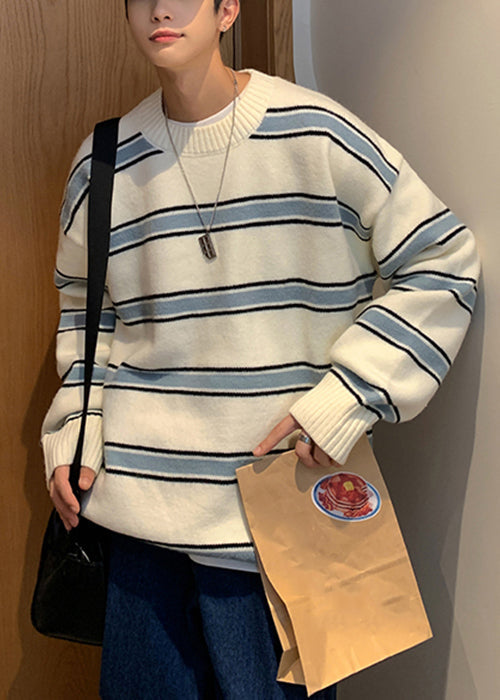 French White Striped Cozy Knit Men Sweaters Winter QF039 MENSW241016