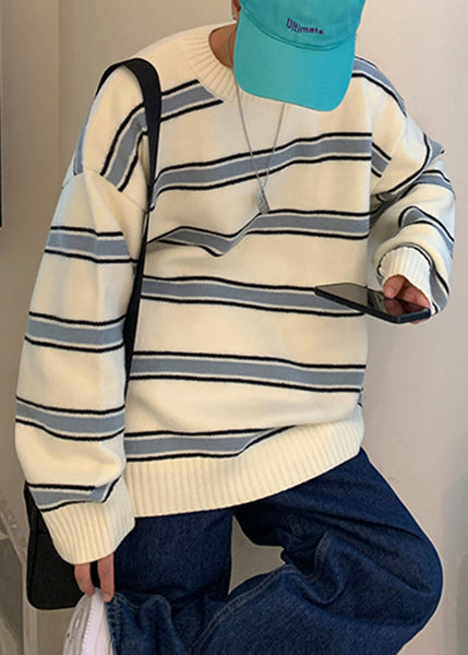 French White Striped Cozy Knit Men Sweaters Winter QF039 MENSW241016