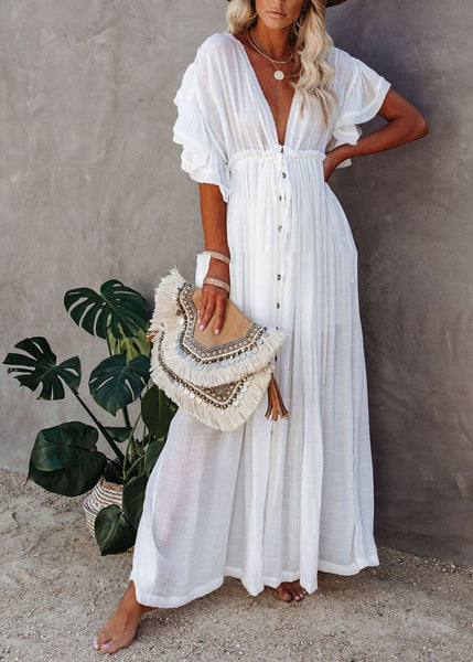 Dress Neck White Button V French Maxi Short Sleeve FashionChic