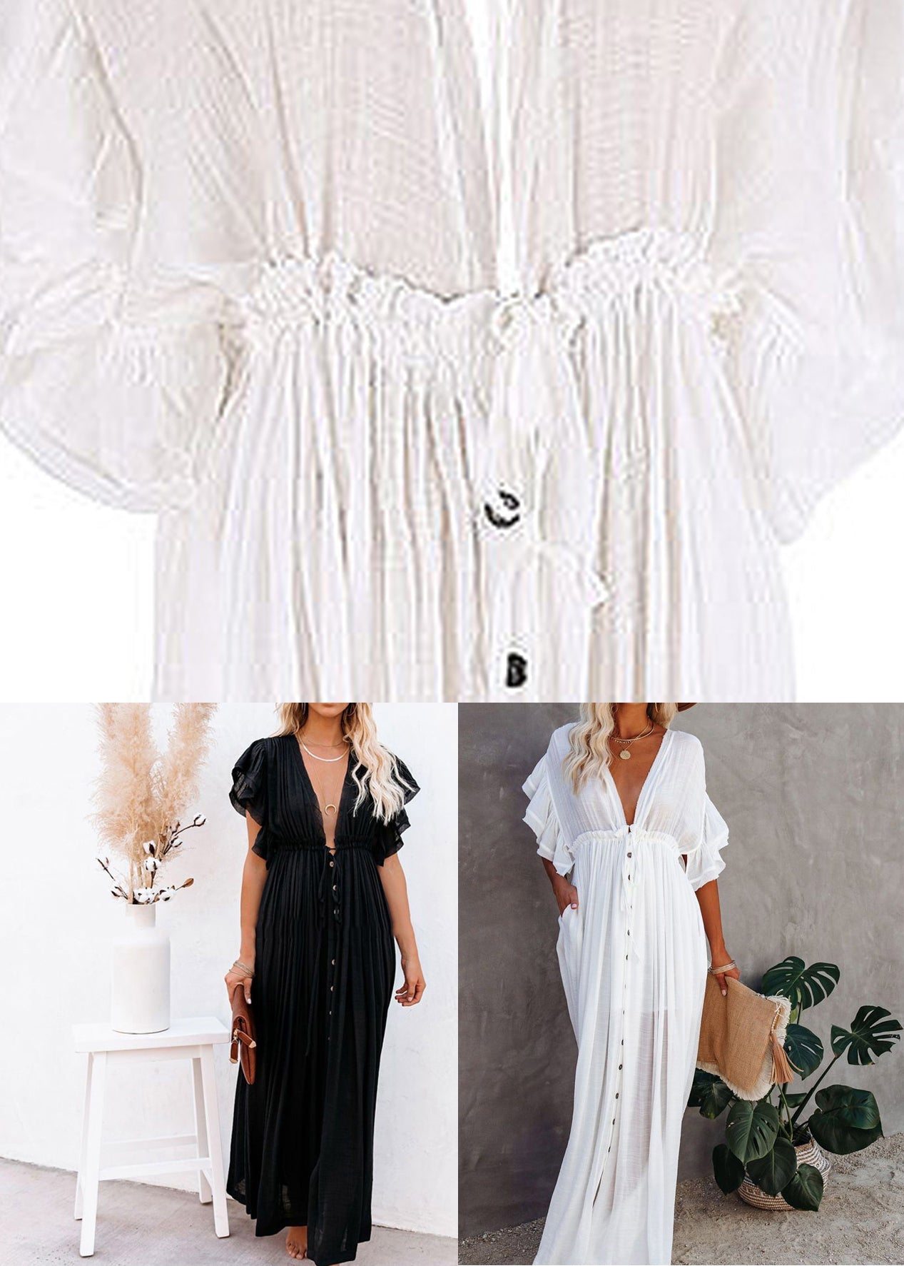 Dress Neck White Button V French Maxi Short Sleeve FashionChic