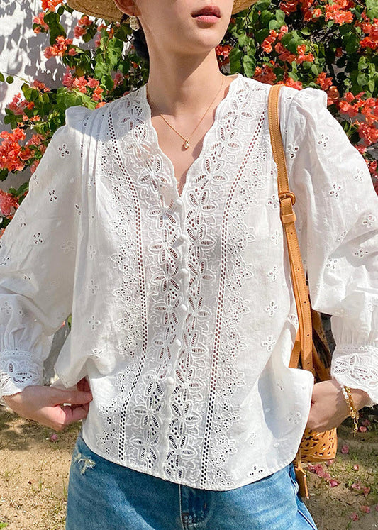 V Hollow White Out Embroidered French Shirt Neck Cotton Spring FashionChic