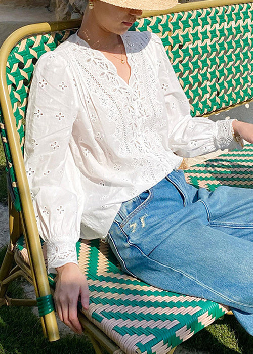 V Hollow White Out Embroidered French Shirt Neck Cotton Spring FashionChic