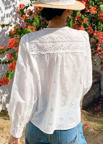 V Hollow White Out Embroidered French Shirt Neck Cotton Spring FashionChic
