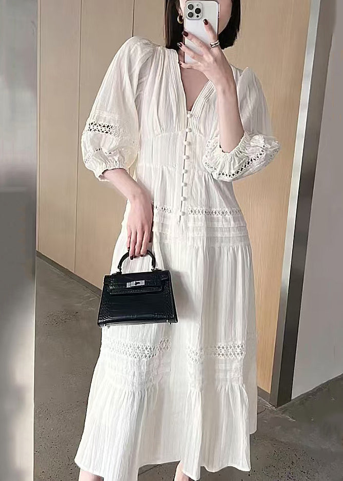 Hollow Sleeve French Cotton Dress V Out Bracelet Neck White FashionChic