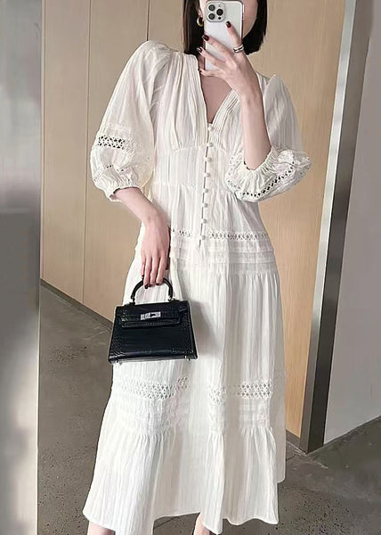 Hollow Sleeve French Cotton Dress V Out Bracelet Neck White FashionChic