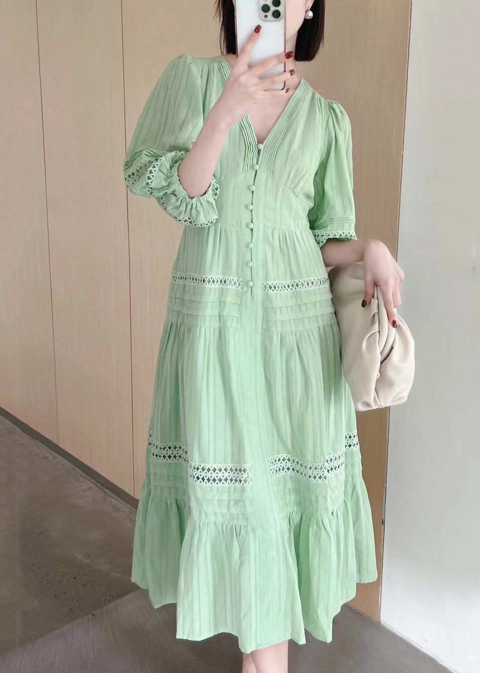 Hollow Sleeve French Cotton Dress V Out Bracelet Neck White FashionChic