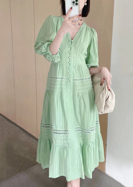 Hollow Sleeve French Cotton Dress V Out Bracelet Neck White FashionChic