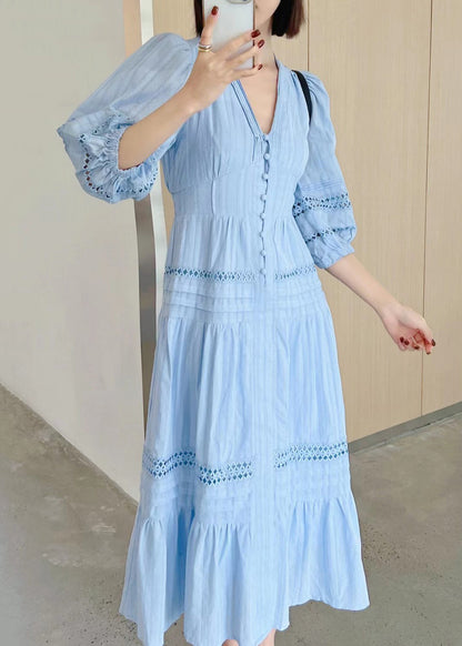 Hollow Sleeve French Cotton Dress V Out Bracelet Neck White FashionChic