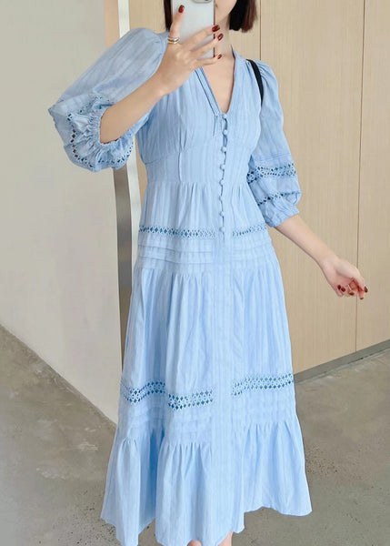 Hollow Sleeve French Cotton Dress V Out Bracelet Neck White FashionChic