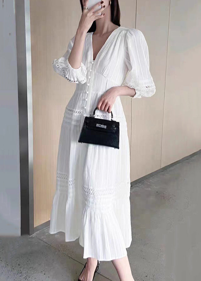 Hollow Sleeve French Cotton Dress V Out Bracelet Neck White FashionChic
