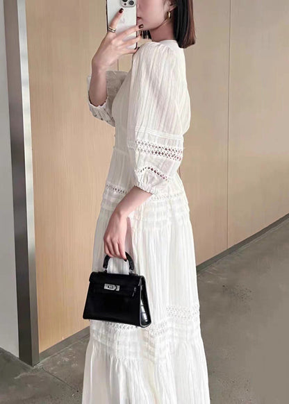 Hollow Sleeve French Cotton Dress V Out Bracelet Neck White FashionChic