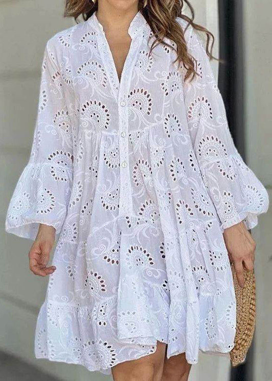 White V Holiday French Hollow Dress Neck Out Lace Long Fall FashionChic
