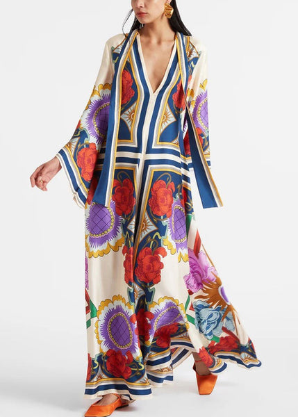 Neck Up French Cotton Dresses Maxi Spring Print V Lace White FashionChic