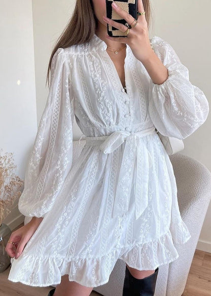 French White V Neck Ruffled Tie Waist Cotton Dress Fall QR008 BB-ZS-WM-FDM240929